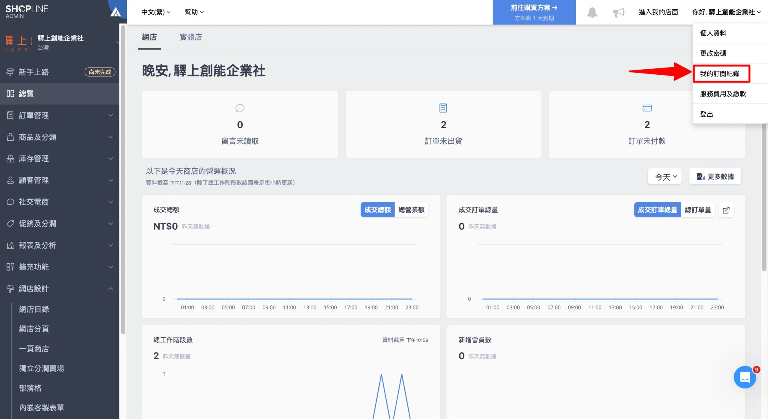 SHOPLINE 商店後台右上角選單中的我的訂閱紀錄