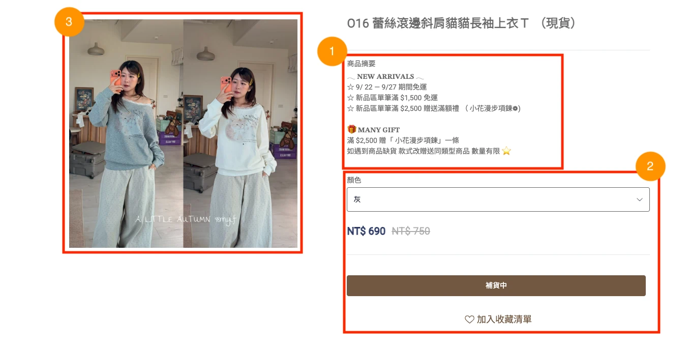 商品搬移後的新站畫面，紅框標示差異位置