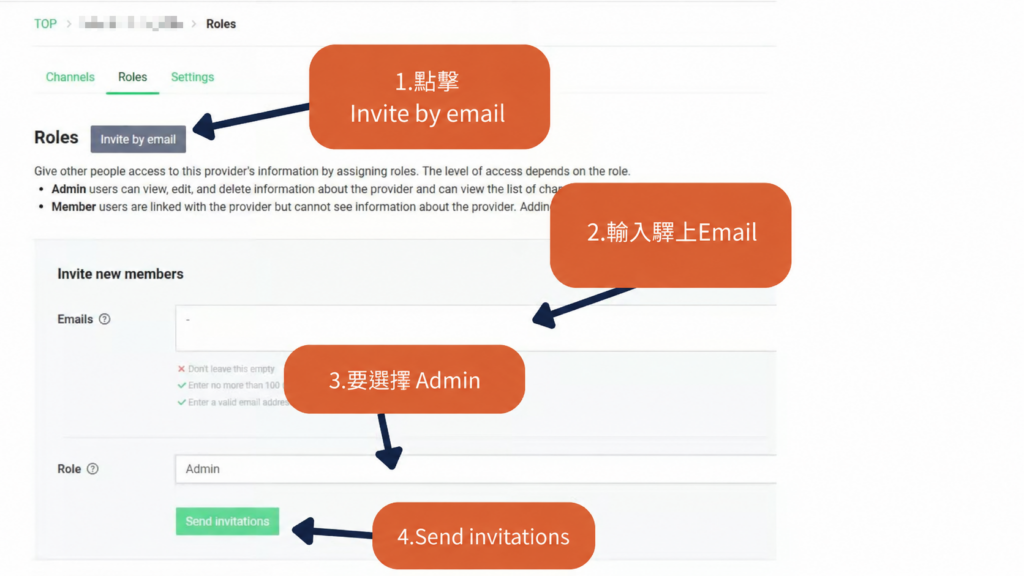 輸入驛上 Email，將權限設定為 Admin 並送出邀請